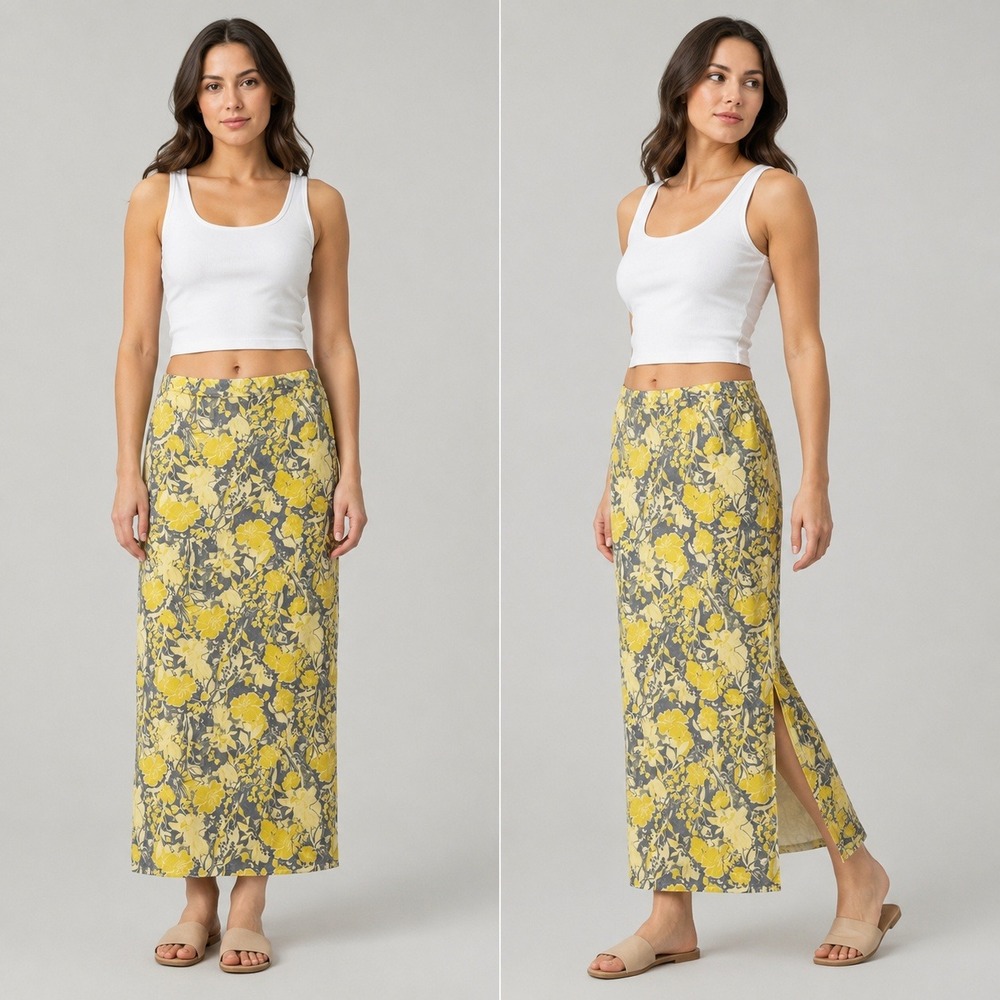 Free People Yellow Grey Floral Mesh Maxi Skirt Side Slit Boho XS